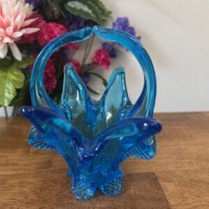 Chalet Glass Art Basket – Vintage Canadian Blue Sculptural Blown Glass